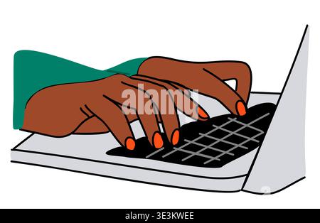 Hands with red nails typing on a laptop keyboard Stock Vector