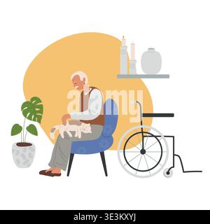 Lonely disabled man at home sits in armchair in cozy interior and strokes cat on his lap. Vector illustration. Stock Vector