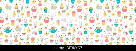 Seamless Easter pattern with cute bunnies, chicks, lambs, flowers, eggs and spring elements on light background. Colorful illustration perfect for fabric, wrapping paper, kids design and holiday decor Stock Vector
