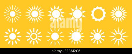 Sun icon set. White sun icons on a yellow background. Set of sun rays. Sunset icon collection. Yellow sun and star icons. Vector illustration Stock Vector