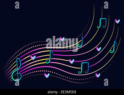 Neon musical note wave vector clipart on dark background. Musical notes, treble clef and hearts. Love to music, luminescent isolated illustration Stock Vector
