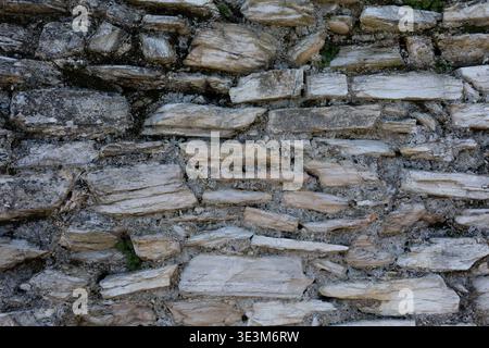 Old stone wall texture background, natural rough surface of stacked rocks, rustic masonry detail, neutral tones and organic pattern. Stock Photo