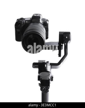 Gimbal stabilizer with camera isolated on white Stock Photo