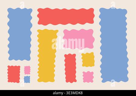Wavy rectangle collection of colorful abstract frames with smooth organic curves. Modern flat vector set of liquid text boxes and playful blobs in blue, red, yellow and pink on light background. Stock Vector