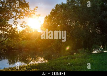 Dazzling golden sunburst illuminates serene riverside. Vivid rays pierce through verdant trees, reflecting calmly on water. Peaceful nature scene Stock Photo