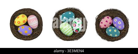 Colorful decorated Easter eggs in a nest made of twigs, featuring floral patterns and bright colors, arranged in three groups on clean background Stock Photo