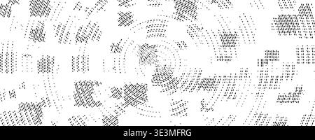 Abstract radial pixelated halftone pattern. Circular pixel explosion background. Rotating scattered dotted dash texture overlay bg. Vector radial spinning backdrop. Fading square fragment wallpaper Stock Vector