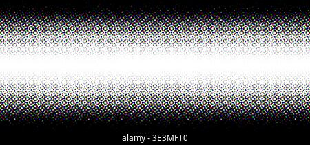 Black dotted halftone gradient. Fading overlapping pixel gradation texture. Raster vanishing polka dot wallpaper. RGB comic pop art effect overlay backdrop. Vector perforated pattern background Stock Vector