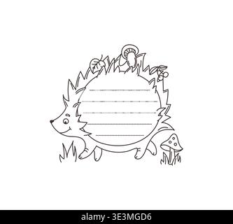 Kids memo note of cartoon funny hedgehog animal frame for message sticker, vector adhesive post. Cute hedgehog with forest mushrooms and berries for kids memo note sticker and daily to do list plan Stock Vector