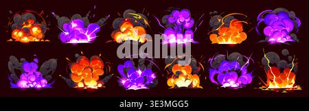 Cartoon bomb explosion and magic smoke effects, vector red and purple fire. Fiery orange blasts and glowing purple smoke clouds of cartoon bomb blasts and boom explosives of TNT or dynamite explode Stock Vector
