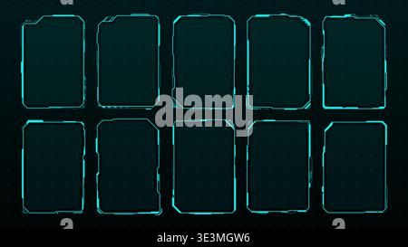 Futuristic HUD frames, future technology display interface elements. Computer game futuristic blue neon HUD frame. Mobile arcade futuristic vector electronic led light UI borders or overlay banners Stock Vector