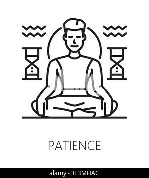 Patience life skills line icon or symbol. People patience ability lineart vector sign, human life skills outline icon. Personal quality thin line symbol or lineart pictogram with meditating man Stock Vector