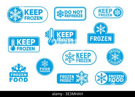 Blue frozen product label icons with cold ice snowflakes and freezer thermometers vector silhouettes. Keep frozen isolated labels set for food and drink package tags, cold storage temperature stickers Stock Vector