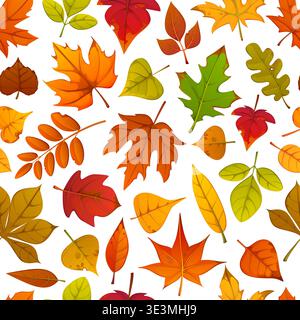 Autumn leaves seamless pattern, seasonal foliage background. Fall season repeated details vector pattern. Autumn foliage print or backdrop with maple, birch, oak, chestnut and linden isolated leaves Stock Vector