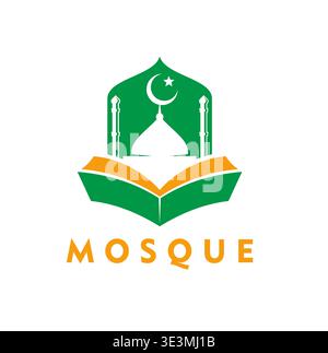 Arabian muslim mosque abstract icon or emblem. Arab religion symbol, Muslim mosque graphic vector emblem. Islamic Quran abstract label or icon with Koran book, minaret and crescent on mosque dome Stock Vector