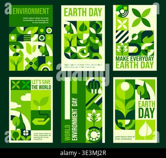 Earth day posters with geometric Bauhaus patterns. Earth and World environment day holiday vector flyers with retro geometric shapes. Ecology protection posters with Bauhaus green abstract patterns Stock Vector