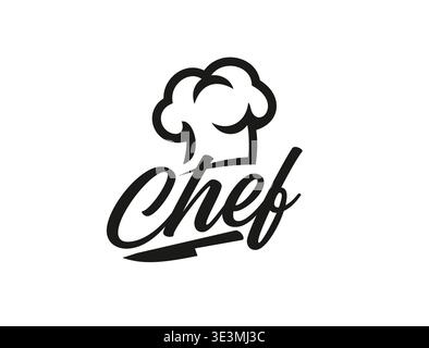 Chef cook icon, culinary and restaurant symbol. Bakery cooking vector emblem, restaurant chef cook symbol. Catering service graphic icon with chef cook knife, toque hat and handwritten typography Stock Vector