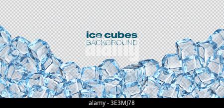 Crystal ice block cubes realistic background. Transparent ice cubes backdrop, crystal ice blocks realistic vector background. Frozen water crystal 3d banner, translucent frozen wallpaper or cover Stock Vector