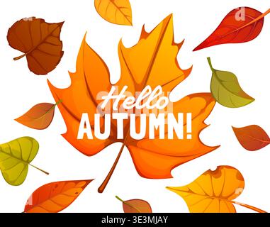 Hello Autumn banner with fall leaves and orange maple leaf vector background. Thanksgiving Day holiday and fall harvest festival poster with cartoon leaves of forest trees and Hello Autumn lettering Stock Vector