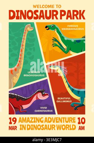 Dinosaur park poster with cartoon jurassic dino at prehistoric jungle trees silhouettes vector background. Cute brachiosaurus, carnotaurus, wannanosaurus and gallimimus dinosaurs, dino park poster Stock Vector