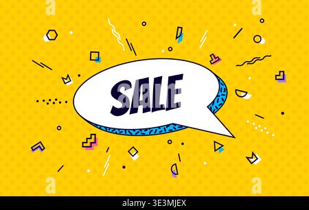 Retro memphis sale banner, social media post or discount offer vector template. Yellow halftone background with trendy memphis geometric pattern, sale comic speech bubble and pop art shapes Stock Vector