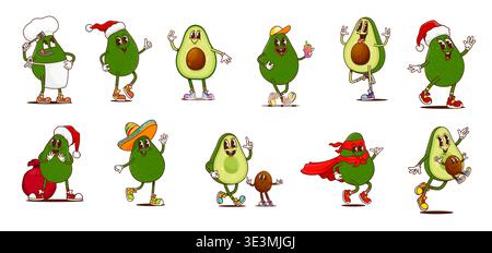 Mexican groovy avocado fruit characters with cute baby seeds, vector retro hippie food. Cartoon groovy green avocado fruits with happy faces wearing sombreros, superhero costumes, chef and Santa hats Stock Vector