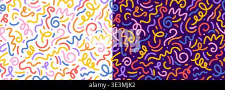 Squiggly line seamless pattern background, abstract fun shapes, kids holiday bg. Vector doodle art geometric pattern of hand drawn color squiggles, wavy lines and dots, bright scribbles and swirls Stock Vector