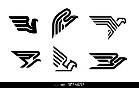 Black eagle hawk and falcon bird icons, fast delivery and speed race sport symbols set. Vector silhouettes of abstract eagle birds, wings and heads side views for delivery and logistics isolated icons Stock Vector