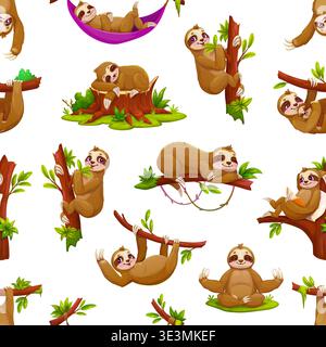 Lazy sloth animal characters seamless pattern of cartoon cute bears on jungle tree branches. Funny rainforest animals vector background of sloths sleeping, hugging baby, reading book and doing yoga Stock Vector