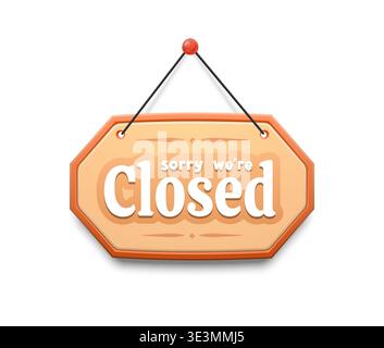 Closed signboard with sorry we are closed message. Hanging wooden shop and store door sign board plate attached by rope and pin. Vector retail notice template for cafe or commercial business entrance Stock Vector