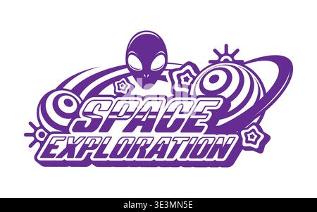 Space exploration and astronomy retro Y2K icon or symbol. Universe exploration Y2K vector sign, galaxy discovery symbol. Cosmos travel icon with alien head, galaxy planets and stars, retro typography Stock Vector