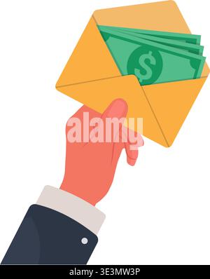 Close-up of a hand in a suit holding an envelope filled with money. Financial bribe or bonus stock illustration. Stock Vector