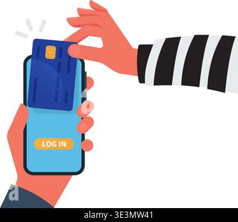 A conceptual vector showing a hacker in a striped shirt stealing a digital credit card from a user's mobile phone. Stock Illustration. Stock Vector