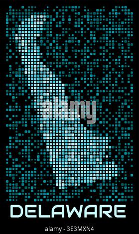Delaware, United States digital dotted map. Shape of the state in cyan color palette on dark background. Stock Vector