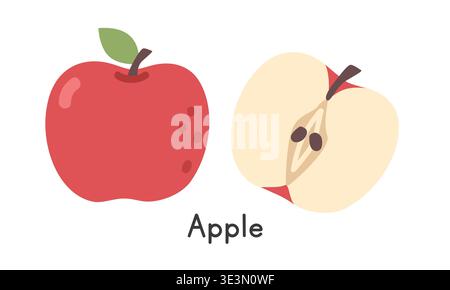 Apple fruit flat vector illustration. Red apple or Malus cartoon clipart style isolated on white background. Whole appe and Half apple Stock Vector