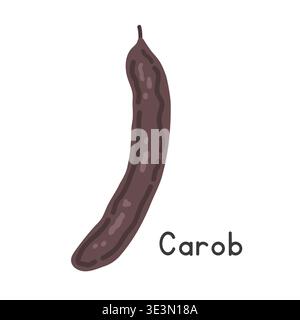 Carob flat vector illustration. Black carob fruit cartoon clipart style isolated on white. Also known as Ceratonia siliqua, locust bean Stock Vector