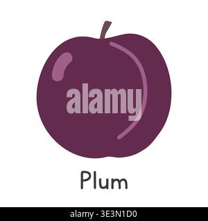 Plum flat vector illustration. Purple common plum cartoon clipart style isolated on white background. Common fruit and Stone fruit concept Stock Vector