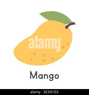 Mango flat vector illustration. Yellow ripe mango cartoon clipart style isolated on white background. Common fruit and Stone fruit concept Stock Vector
