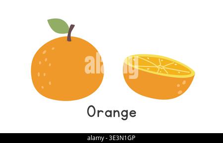Orange fruit flat vector illustration. Orange cartoon clipart style isolated on white background. Common fruit and Citrus fruit concept Stock Vector