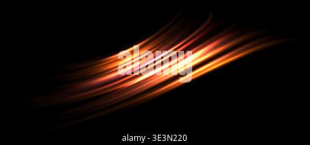 Red orange light trail element. Glowing neon speed line wave. Hot fire color luminous curved path concept. Abstract bent dynamic motion stripes. Shiny golden streaks for poster, banner, flyer. Vector Stock Vector