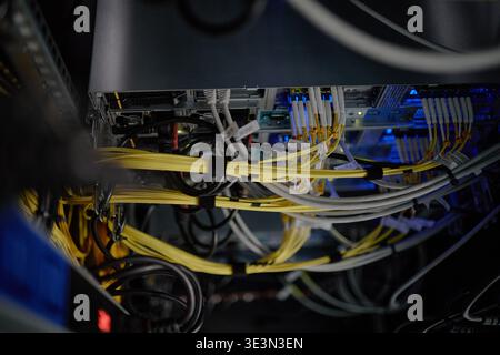 Network Server Cables Connecting Data Center Equipment for Information Transfer Stock Photo