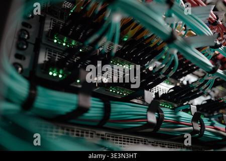 Network Cables and Server Equipment Transmitting Data in Modern Data Center Stock Photo