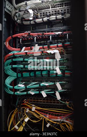 Network Server Rack Displaying Organized Ethernet Cables and Data Connections Stock Photo