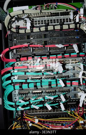 Network Server Rack Showing Organized Ethernet Cables and Hardware Connections Stock Photo