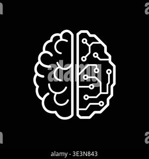 Artificial intelligence White circuit pattern overlays brain silhouette. Black background creates sharp, modern contrast. Design symbolizes artificial Stock Vector