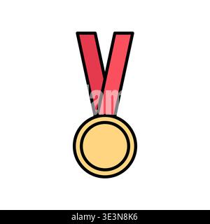 Gold medal on red ribbon, sport gold medal in doodle style illustration for award ceremony design. Vector Stock Vector
