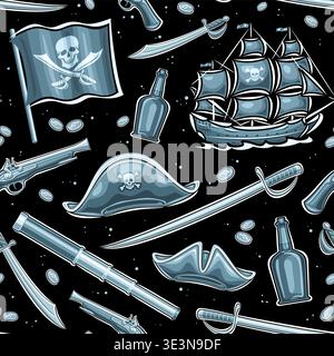 Vector Pirates Seamless Pattern, monochrome background with blue cut out variety symbols for kids pirate party, repeating square cover with old sailin Stock Vector