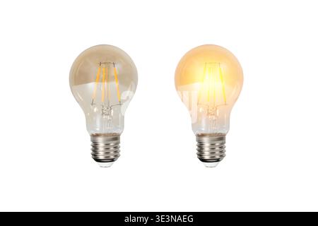 Two LED filament light bulbs isolated on white background, one switched off and one glowing, showing electricity, energy saving, illumination, compari Stock Photo