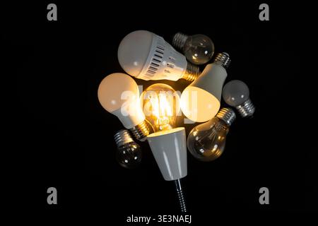 Assorted LED and filament light bulbs with one glowing bulb on black background, representing lighting options, energy efficiency, comparison, innovat Stock Photo