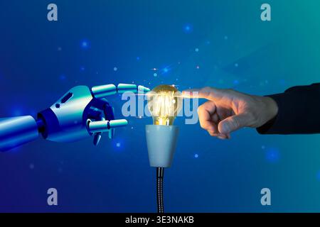 Human hand and robotic hand touching a glowing filament bulb on blue digital background, symbolizing AI collaboration, innovation, creativity, smart t Stock Photo